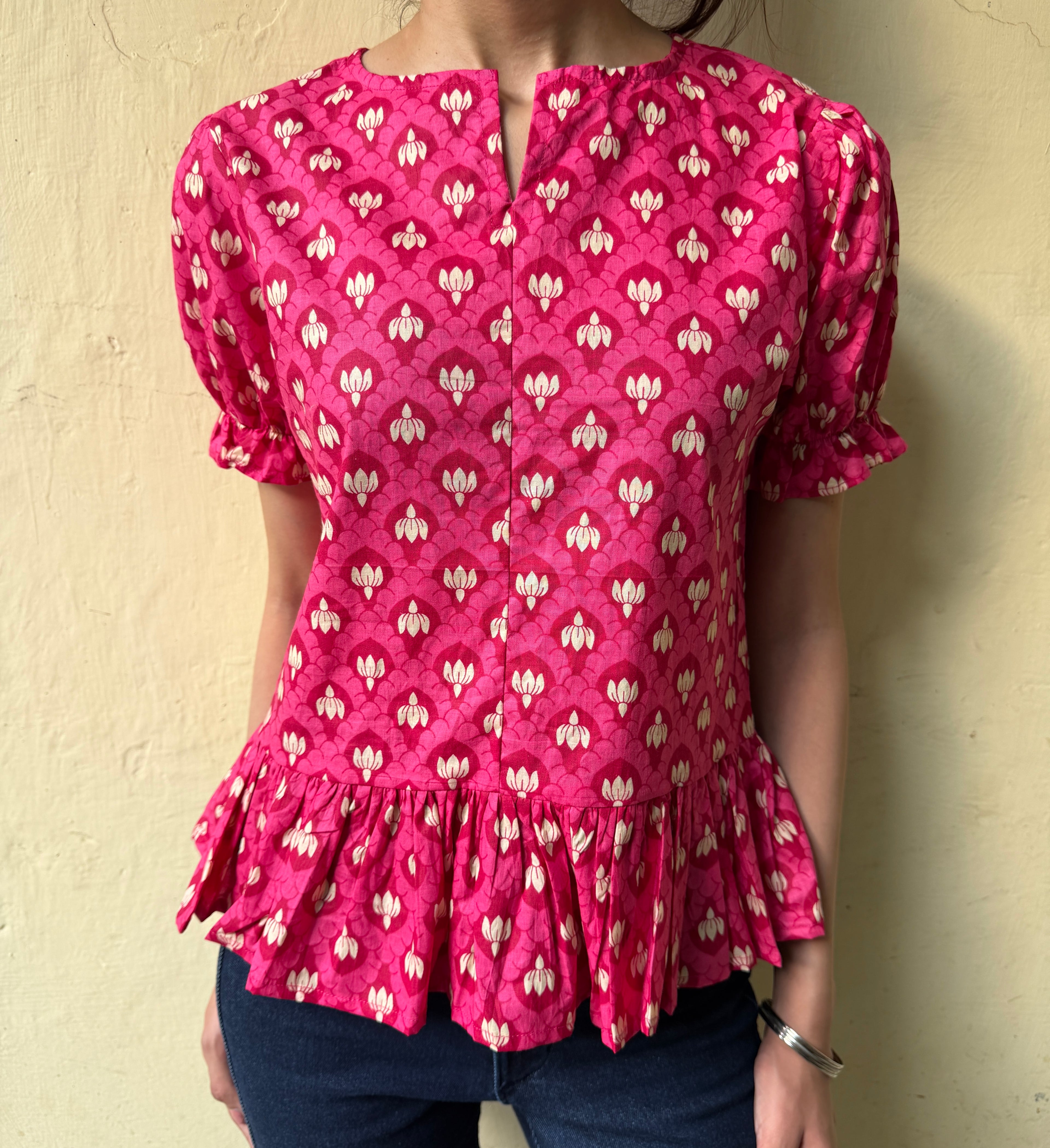PEPLUM TOP WITH ELASTICATED SLEEVES