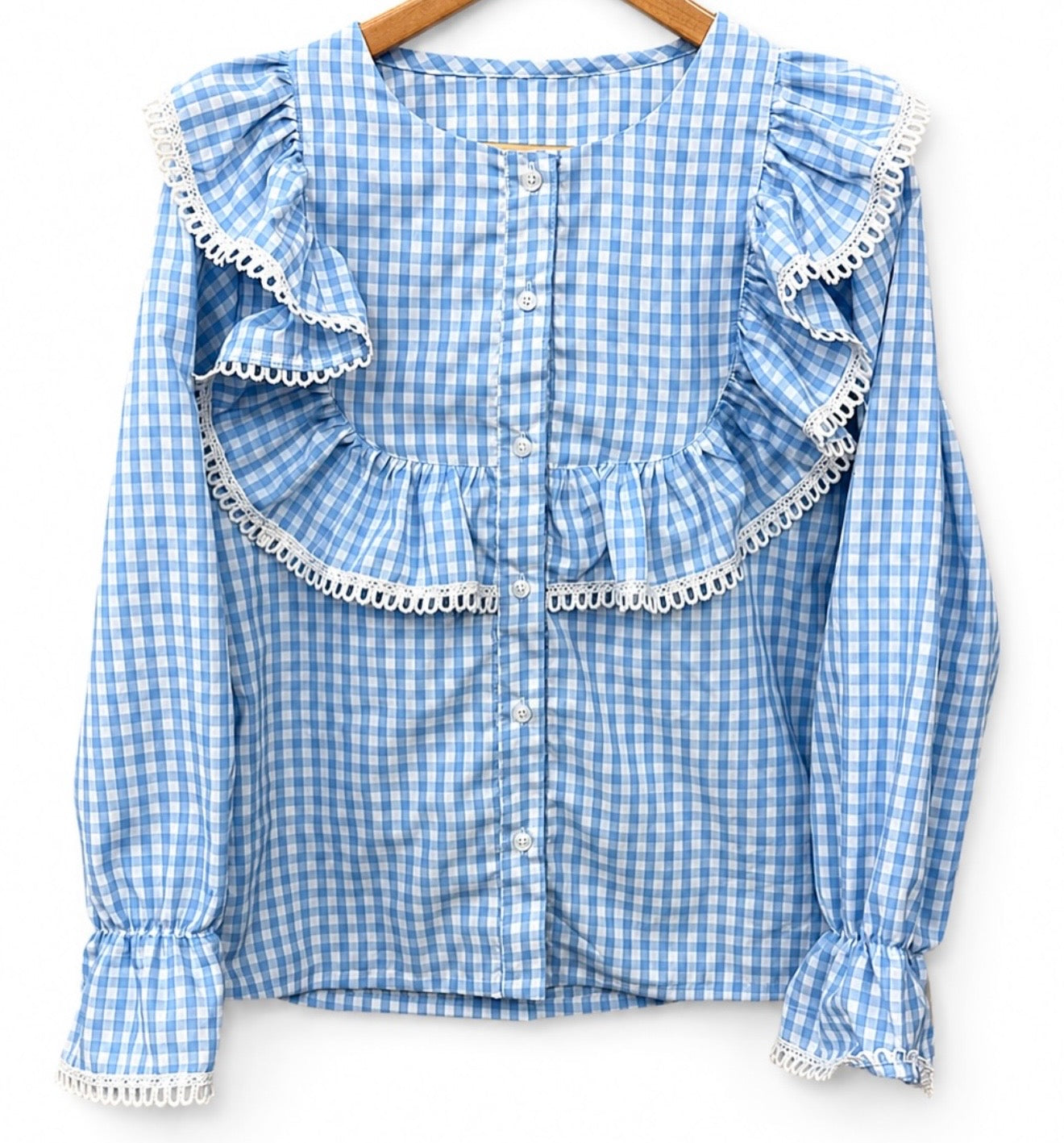 BLUE GINGHAM BLOUSE WITH LACE