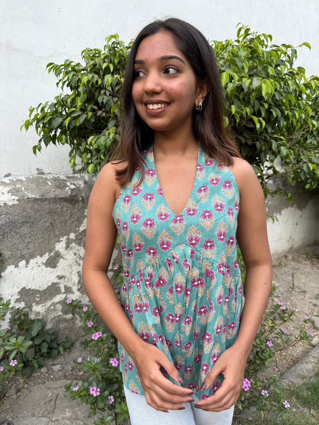 HALTER NECK GATHERED TOP WITH BACK ZIP
