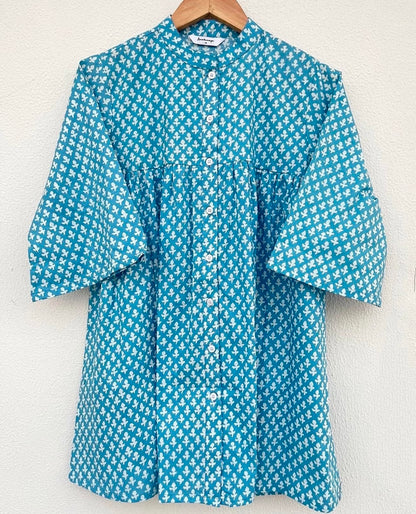 GATHERED BAND COLLAR CUFFED SLEEVES SHIRT