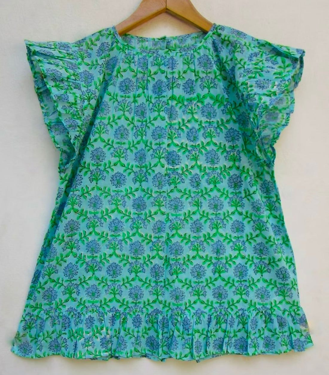HIGH NECK BACK CLOSURE TOP WITH FLUTTER SLEEVES