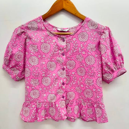 BUTTON DOWN TOP WITH BOTTOM FRILL AND PUFFED SLEEVES