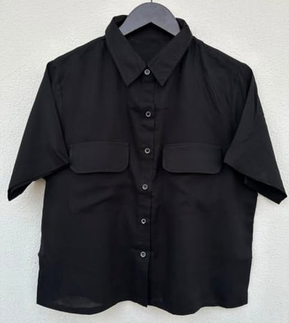 SOLID STRAIGHT COLLARED BOXY SHIRT WITH FRONT POCKETS