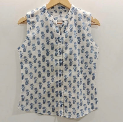 MANDARIN COLLARED SLEEVELESS SHIRT WITH CURVED HEM
