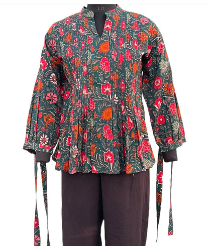 SHORT KURTA WITH PLEATED PANEL AND PUFFED SLEEVES WITH TIES