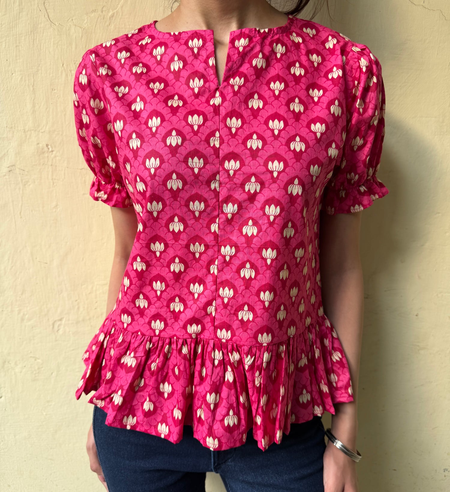 PEPLUM TOP WITH ELASTICATED SLEEVES
