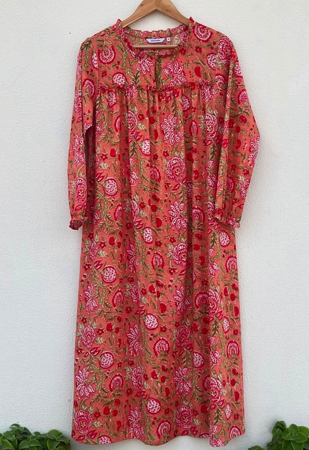 LONG DRESS WITH FRILLED NECK PANEL