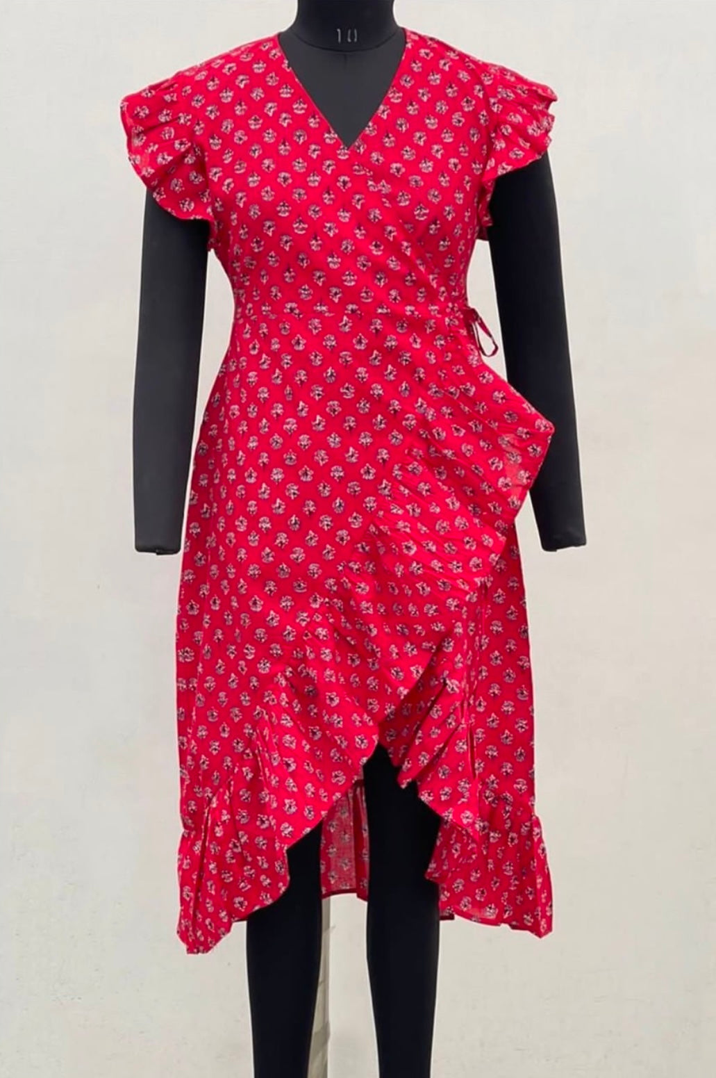 FRILLED WRAP ON DRESS WITH RUFFLED SLEEVES