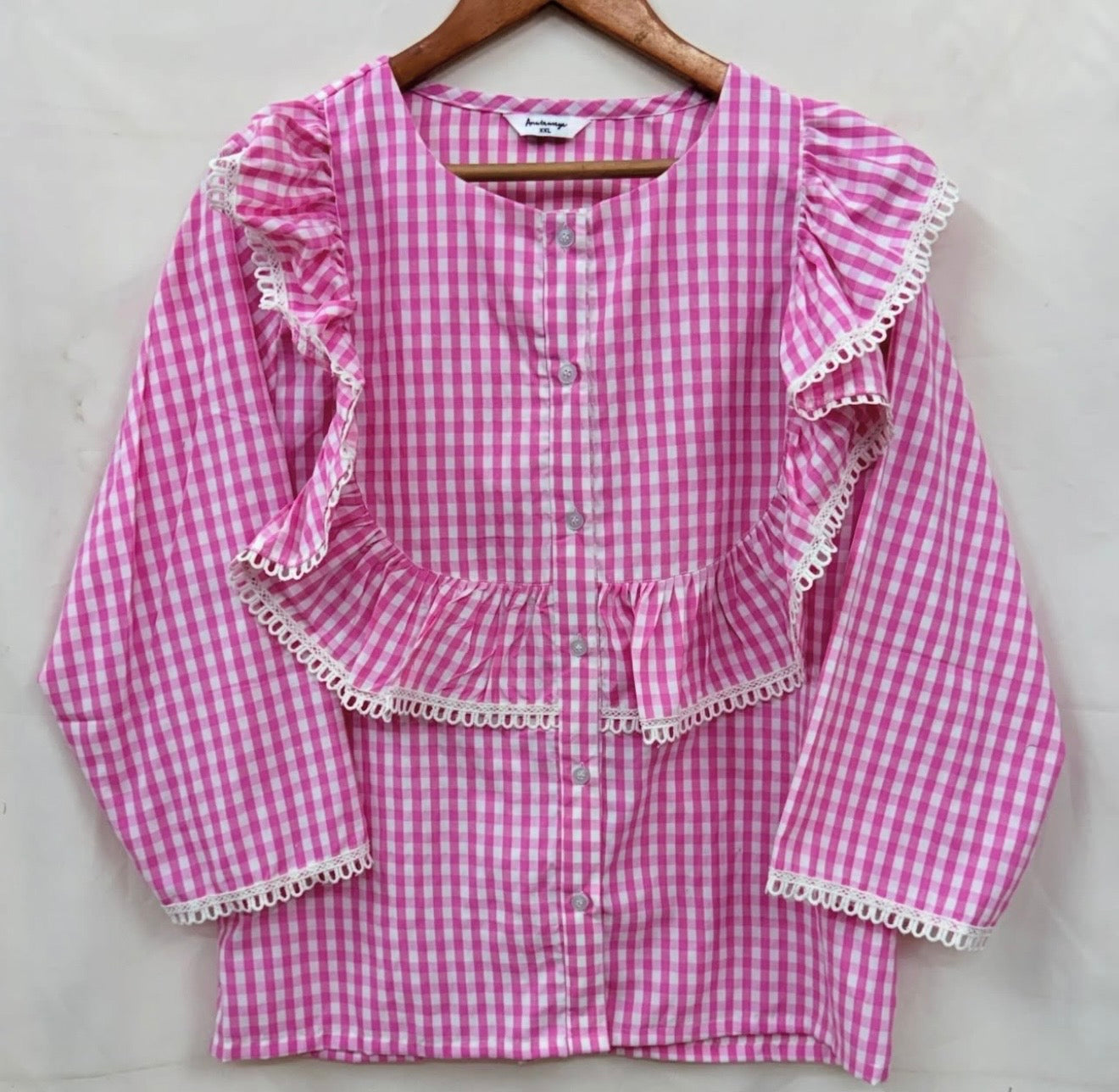 PINK GINGHAM BLOUSE WITH LACE