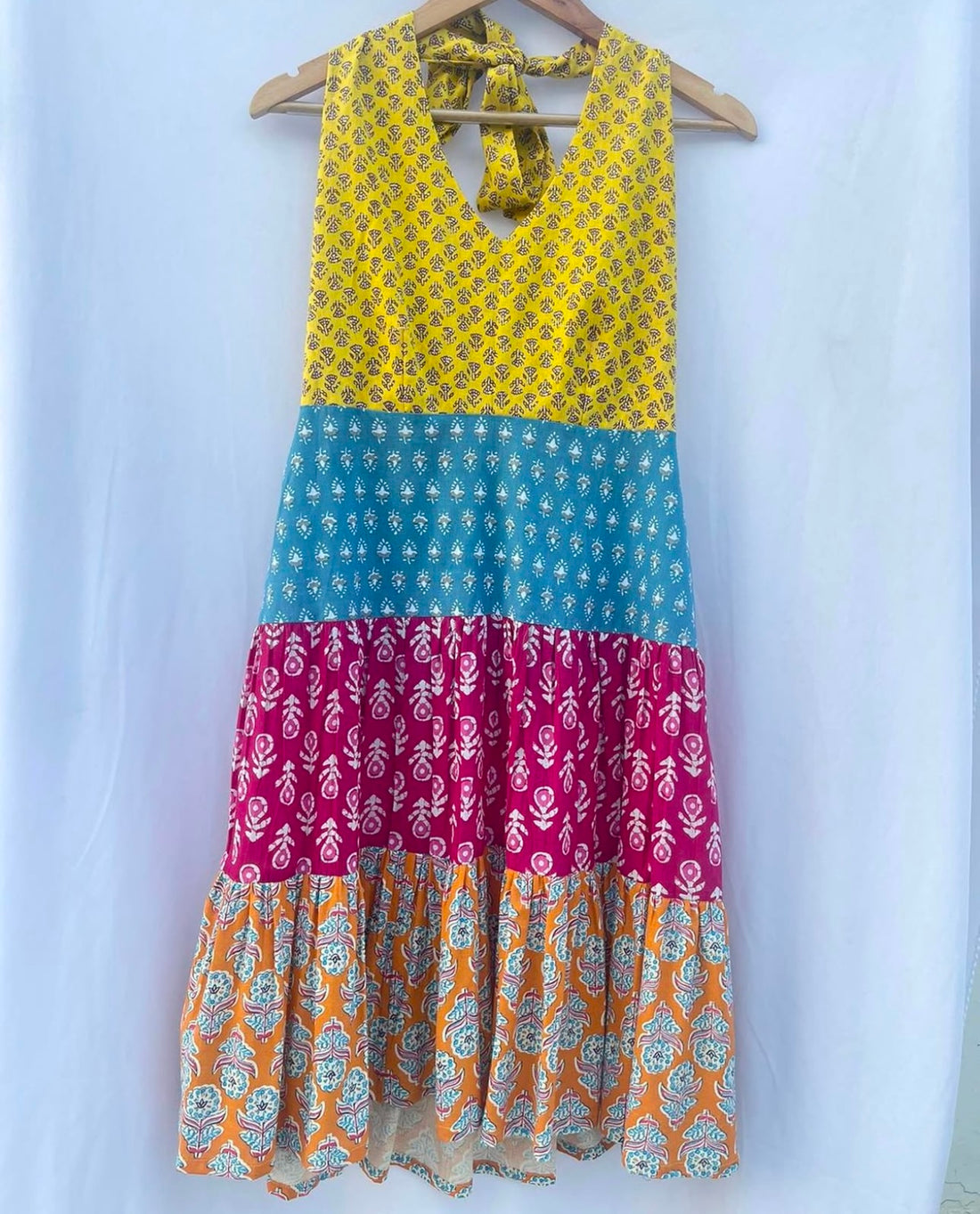 HALTER NECK RAINBOW TIERED DRESS WITH BACK SMOCKED PANEL