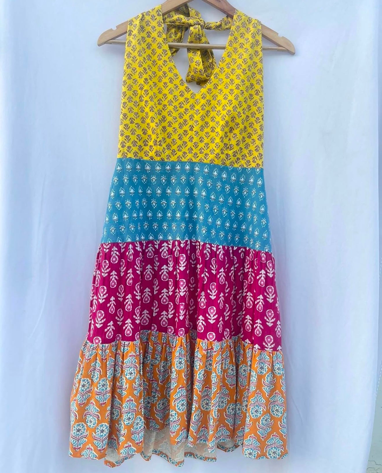 HALTER NECK RAINBOW TIERED DRESS WITH BACK SMOCKED PANEL
