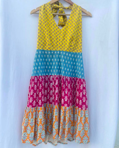 HALTER NECK RAINBOW TIERED DRESS WITH BACK SMOCKED PANEL