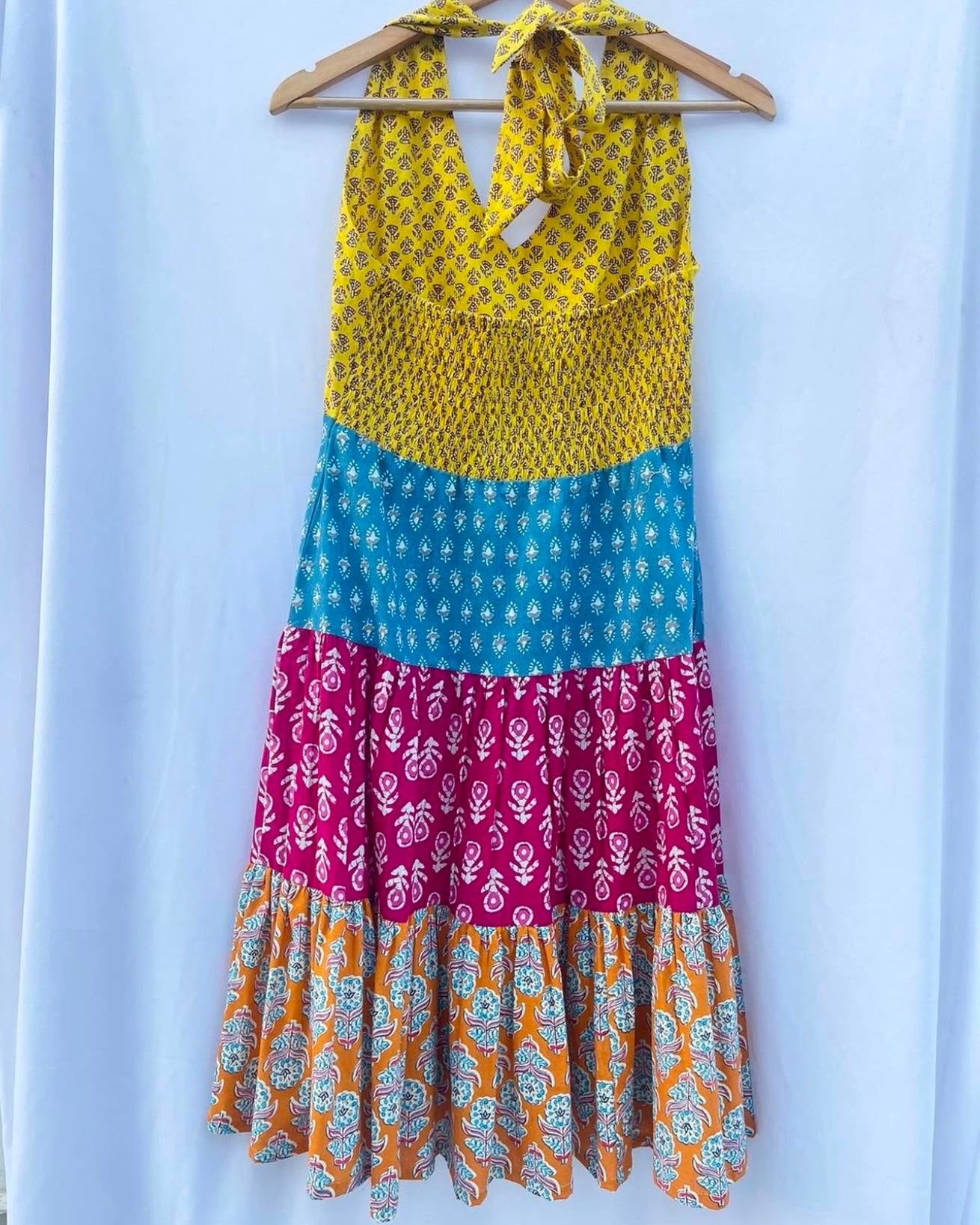 HALTER NECK RAINBOW TIERED DRESS WITH BACK SMOCKED PANEL