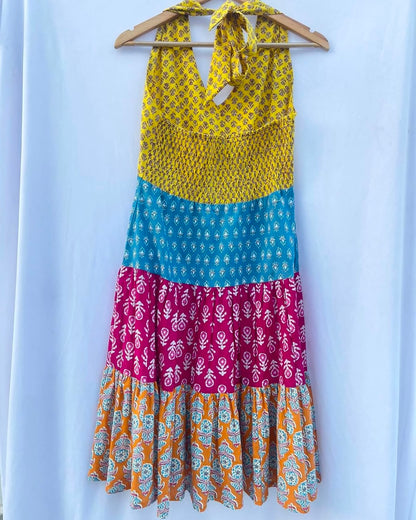 HALTER NECK RAINBOW TIERED DRESS WITH BACK SMOCKED PANEL