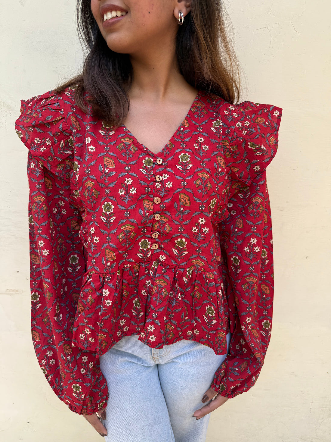 FRILL TRIMMED BUTTON DOWN TOP