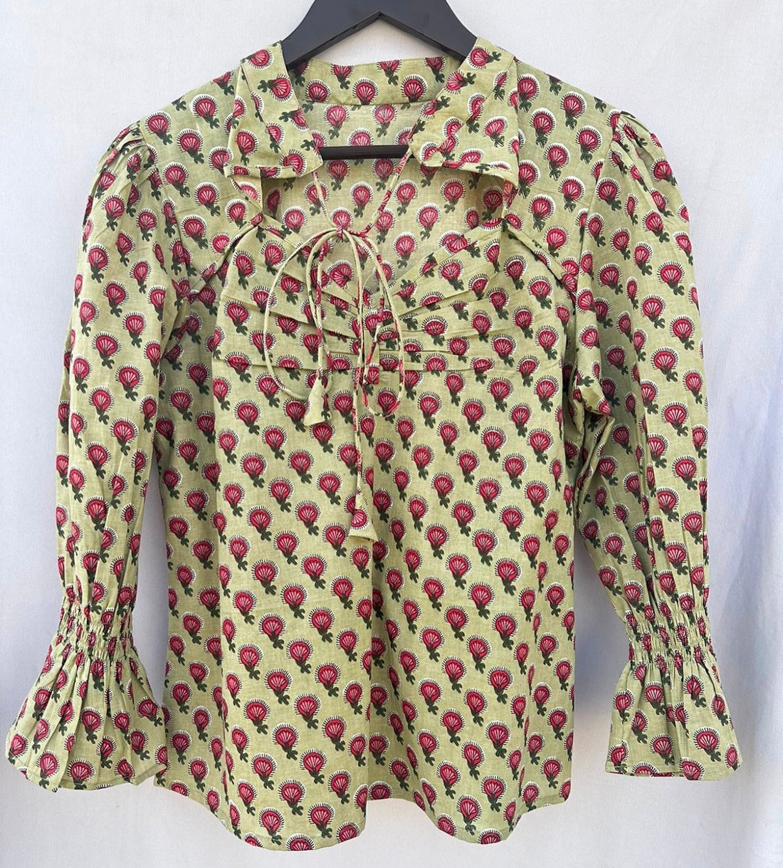 SMOCK-NECK TOP WITH PUFFED SLEEVES