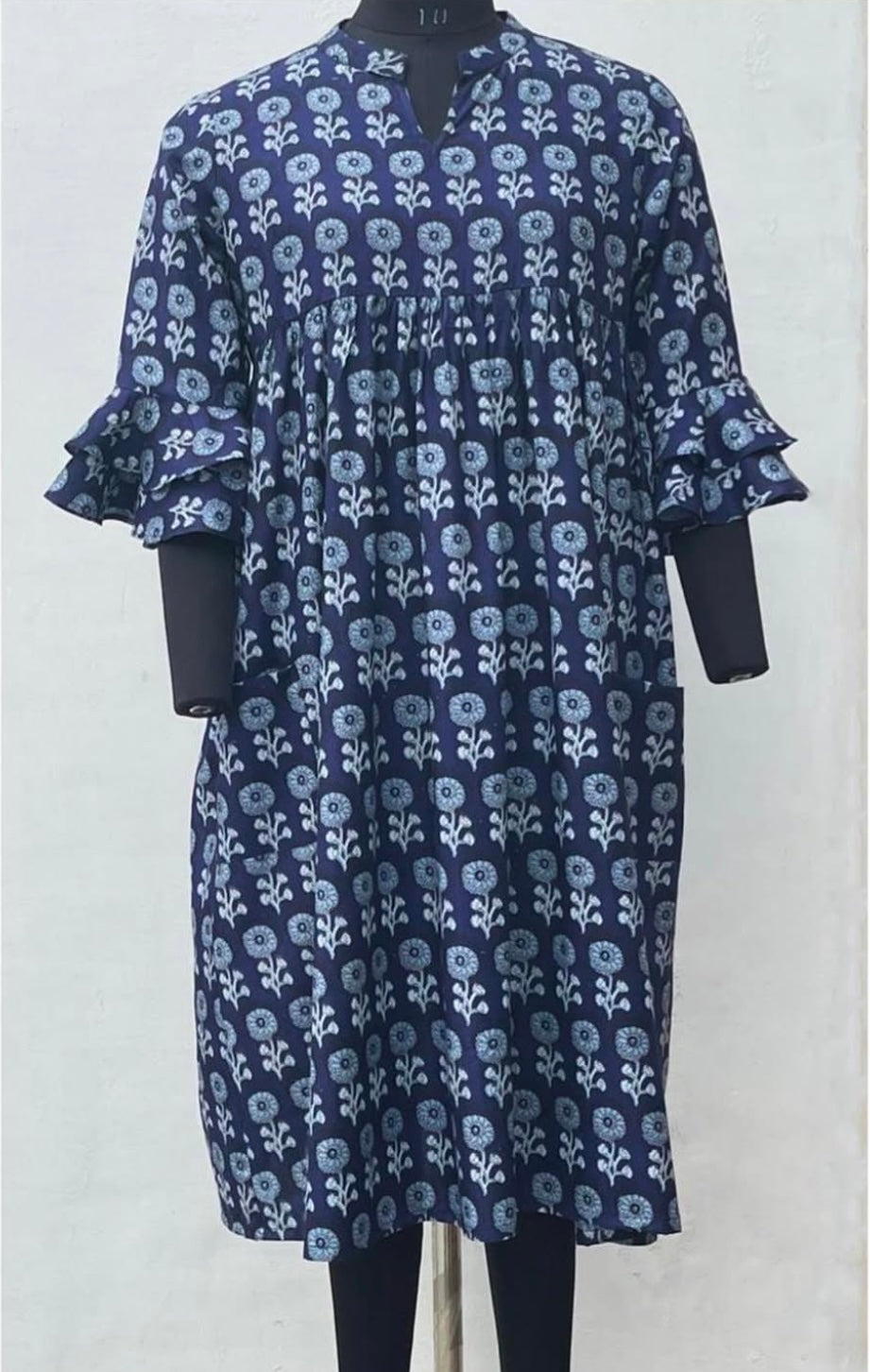 MANDARIN COLLARED A-LINE DRESS WITH RUFFLE SLEEVES
