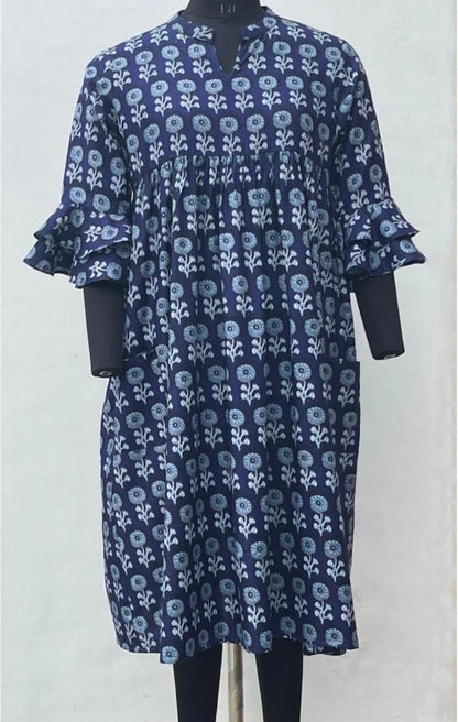 MANDARIN COLLARED A-LINE DRESS WITH RUFFLE SLEEVES