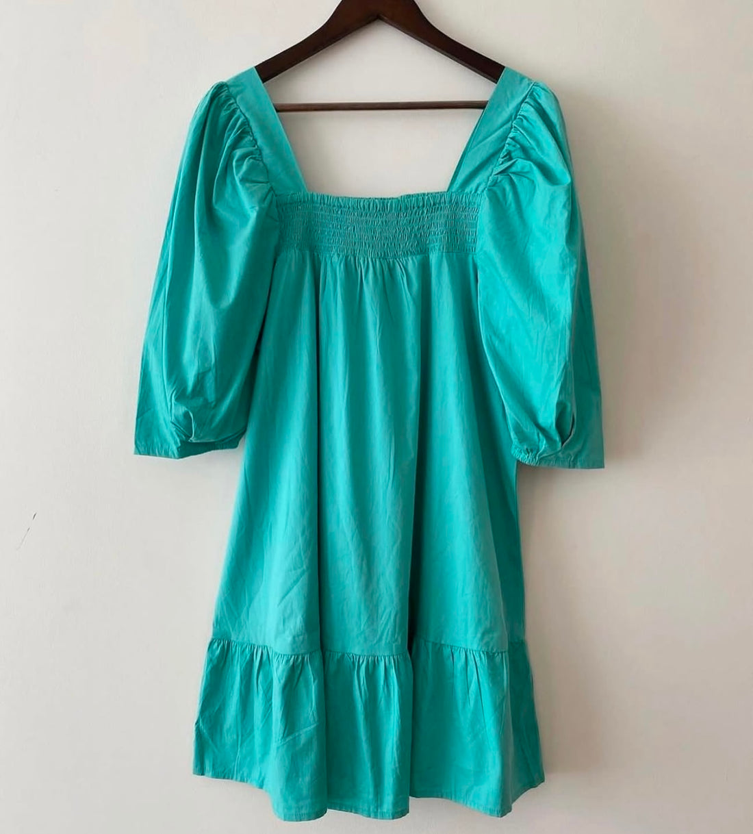 SOLID MIDI DRESS WITH PUFFED SLEEVES AND FRONT SMOCKED PANEL