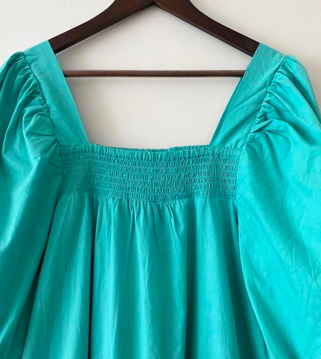 SOLID MIDI DRESS WITH PUFFED SLEEVES AND FRONT SMOCKED PANEL