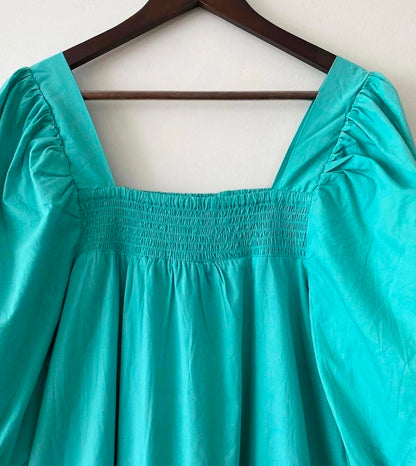 SOLID MIDI DRESS WITH PUFFED SLEEVES AND FRONT SMOCKED PANEL