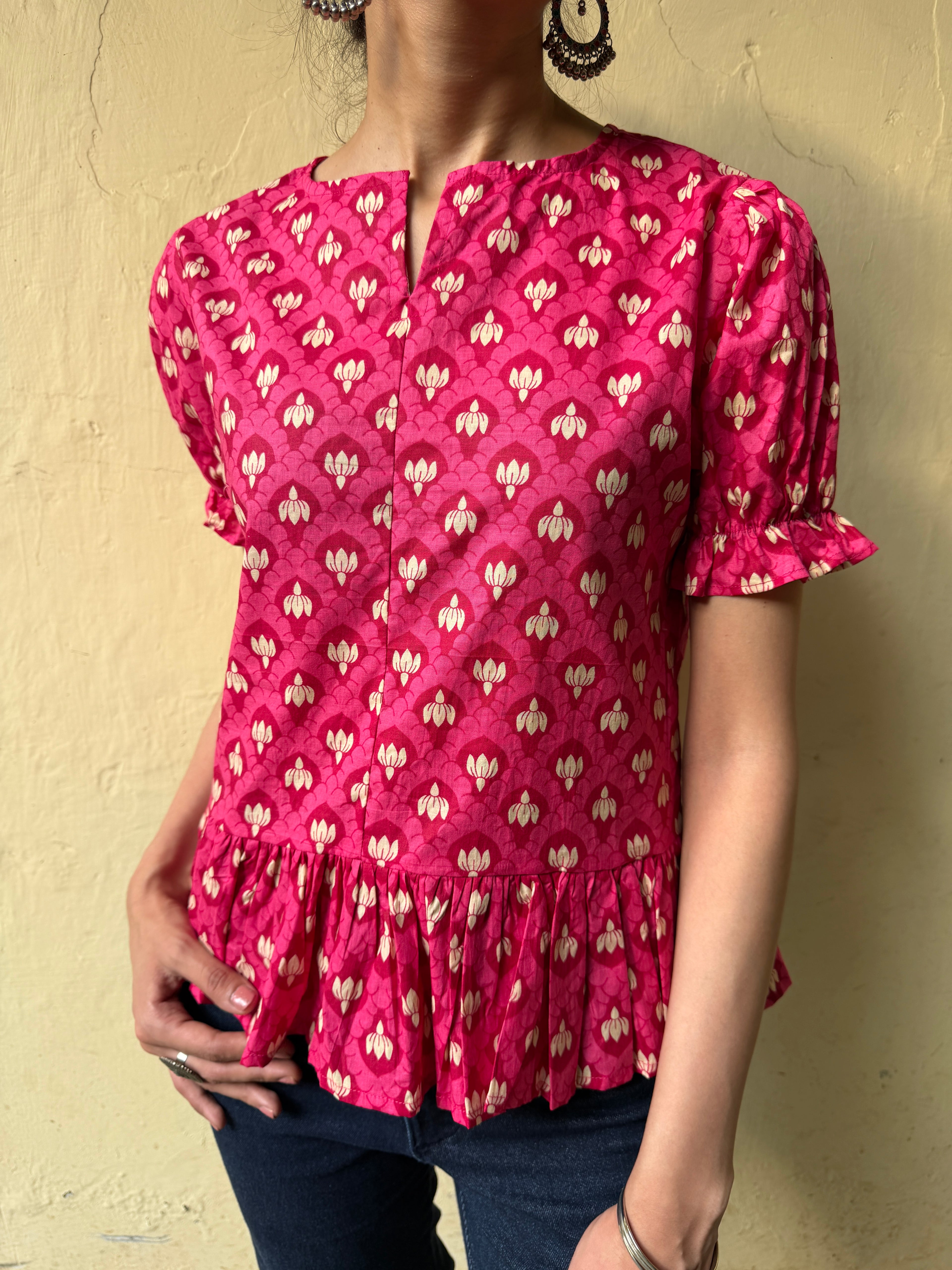PEPLUM TOP WITH ELASTICATED SLEEVES