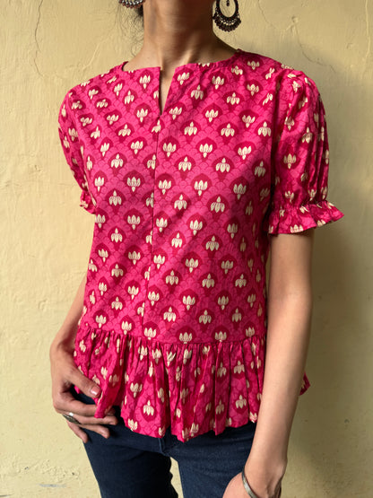PEPLUM TOP WITH ELASTICATED SLEEVES